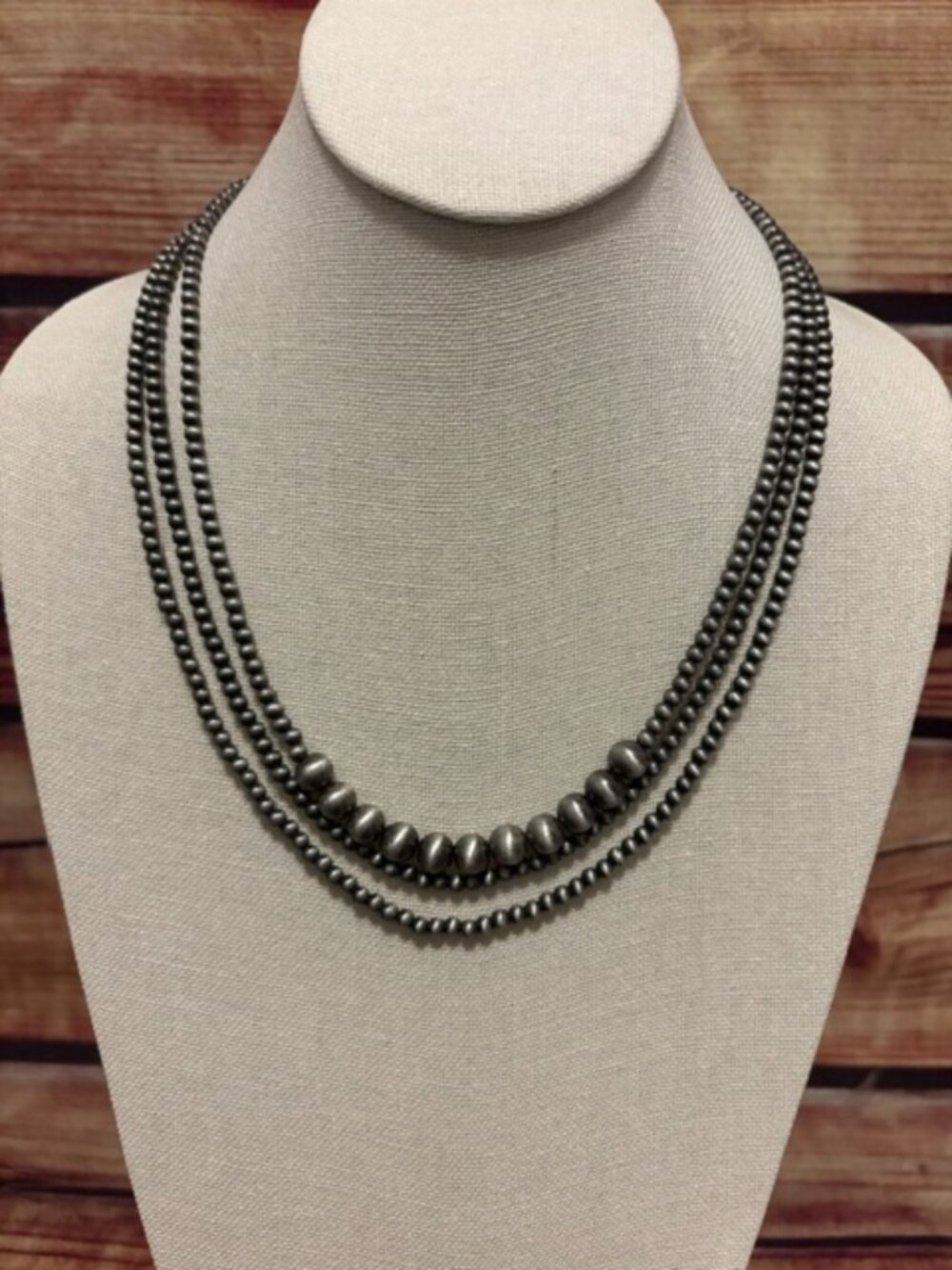ISAC 17" Handmade Western Silver-Tone 3-strand Layered Necklace 4mm & 8mm NWT